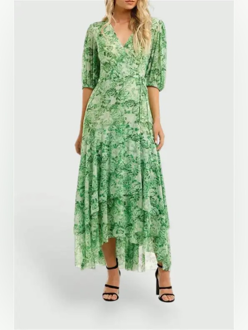 GANNI Printed Mesh Wrap Dress in Island Green floral pattern IT 34 US 2